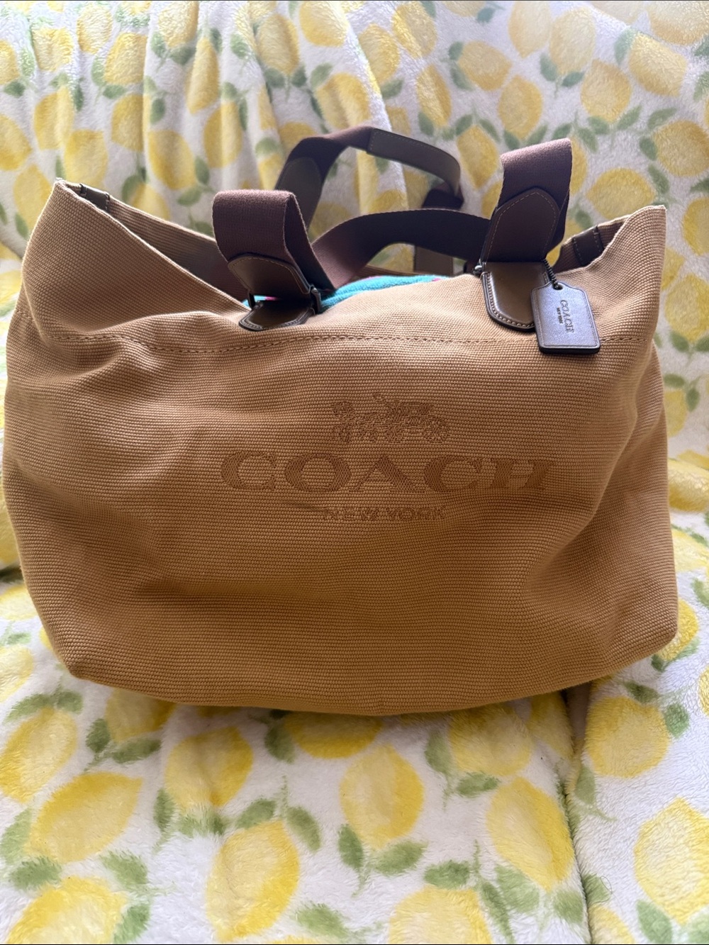 Coach large tour bag Tan Canvas with Dark Brown Handles